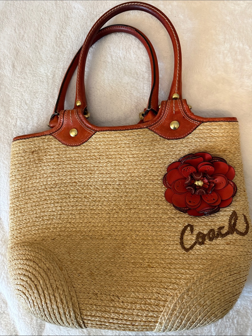 Coach Straw Tote with Red Floral Applique and Brown Leather Trim
